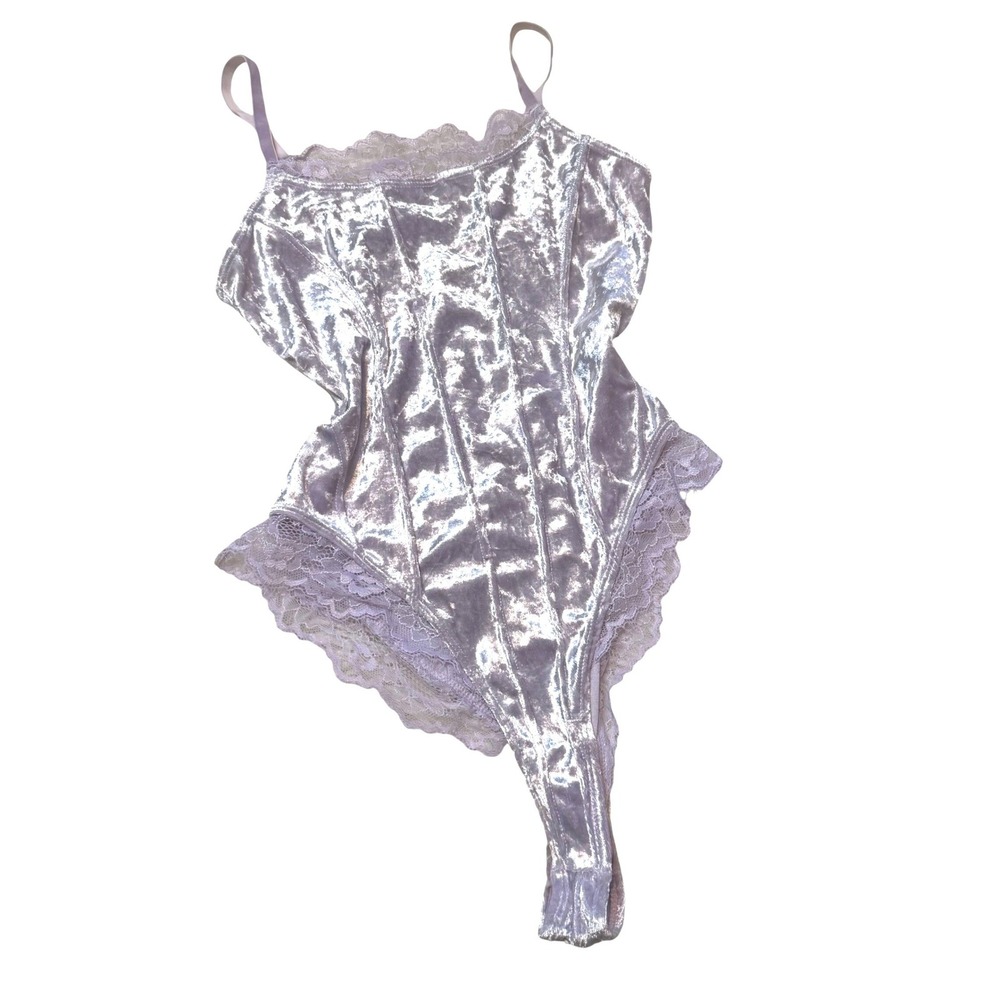 Womens Romantic Feminine Lingerie‎ Lace Trim Velvet Bodysuit Purple Small